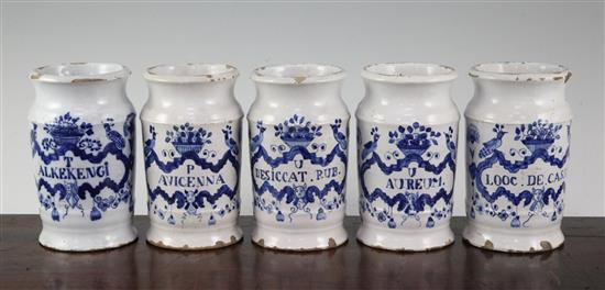 A set of five Delft blue and white cylindrical wet drug jars, early 18th century, approx. 13cm